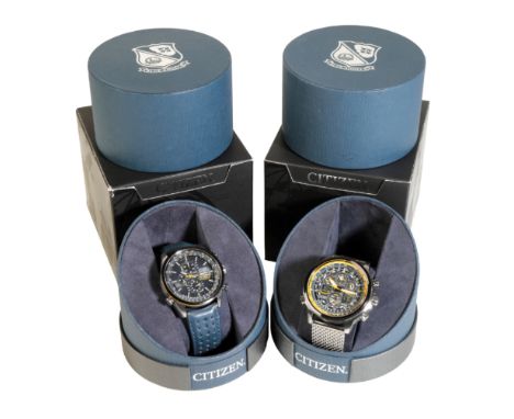 A CITIZEN ECO-DRIVE BLUE ANGELS WORLD CHRONOGRAPH WR200 GENTLEMAN'S STAINLESS STEEL WRIST WATCH,, the blue dial with triple s