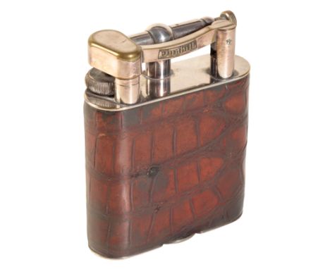 A DUNHILL SILVER PLATED &amp; BROWN CROCODILE SKIN TABLE LIGHTER, marked to the base "Dunhill Design no. 737418 Made in Engla