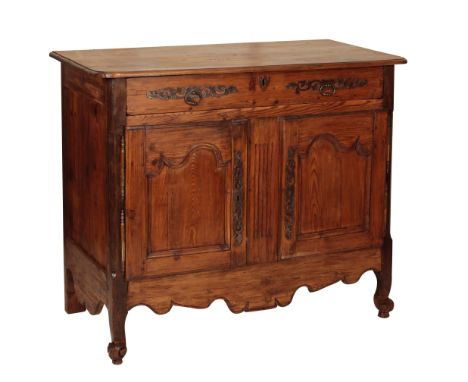 A LOUIS XV PINE AND BEECH BUFFET,, Third quarter 18th century, the frieze drawer and twin panel doors with cut steel escutche