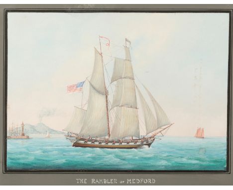 NEOPOLITAN SCHOOL, 19TH CENTURY 'The Rambler of Medford', ship portrait at full sail flying the American flag, Vesuvius visib