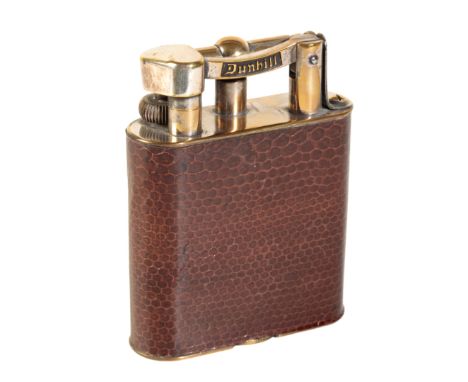 A DUNHILL GOLD PLATED &amp; BROWN SNAKESKIN TABLE LIGHTER, marked to the base "Made in England Dunhill ligher patent no. 1437