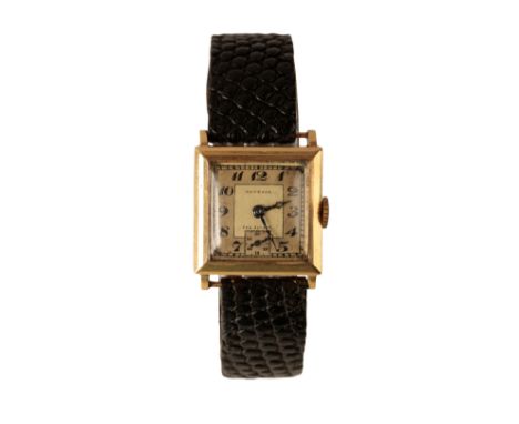 A JUVENIA 18CT GOLD LADY'S  WRISTWATCH, with manual wind movement, the silver two-tone dial with black Arabic numerals, subsi