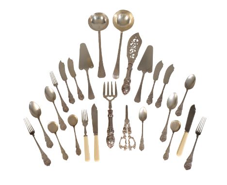 A COMPOSITE CANTEEN OF SILVER CUTLERY including a silver ladle by Christofle and a set of nine silver caviar spoons by E.Lorc