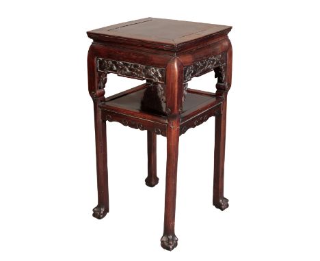 CHINESE HARDWOOD STAND, QING,, with a carved frieze and an undertier with a sunken panel, on club legs ending in claw and bal