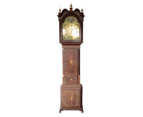 A GEORGE III  MAHOGANY LONGCASE CLOCK, the 35cm arched brass dial, with Roman numerals, seconds wheel, and date aperture, ins