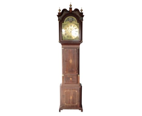 A GEORGE III  MAHOGANY LONGCASE CLOCK, the 35cm arched brass dial, with Roman numerals, seconds wheel, and date aperture, ins