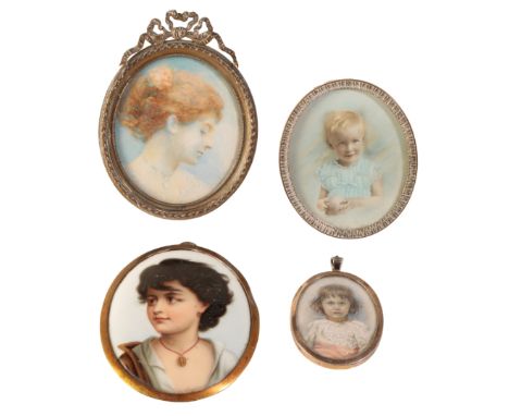 A SMALL COLLECTION OF PORTRAIT MINIATURES, to include a watercolour on ivory example by Miss Emmeline Thornton-Clarke (d. 192