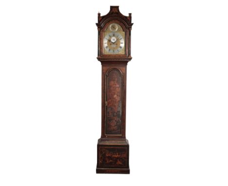 A GEORGE III CHINOISERIE LONGCASE CLOCK, the 28cm arched brass dial, with Roman numerals, seconds wheel, and date aperture, t