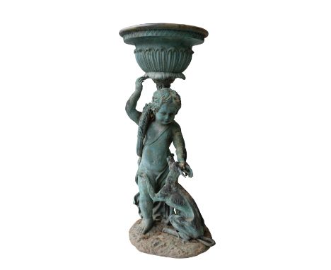A COPPER ALLOY FIGURAL JARDINIERE, AFTER AUSTIN &amp; SEELEY,, 19th century, modelled with a basin held aloft by a partially 