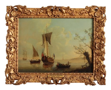 ATTRIBUTED TO FRANCIS SWAINE (1725-1782) AN ADMIRALITY YACHT AT ANCHOR, with a rowing boat to the foreground, oil on panel 17