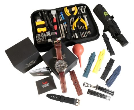 A VOSTOK EUROPE ALMAZ SPACE STATION GENTLEMAN'S TITANIUM WRIST WATCH, with quartz movement, the dark brown dial with double s