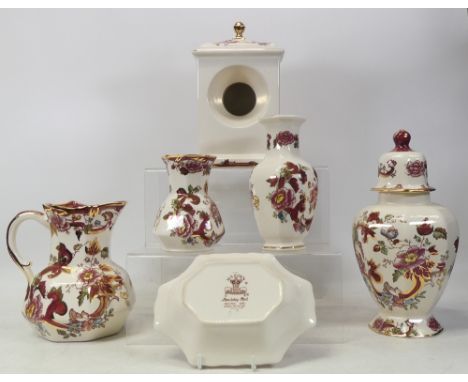 Masons, Red Mandalay Pattern items including Lidded Vase (reglued rim) Jug, Clock, Dish and two smaller vases (6)
