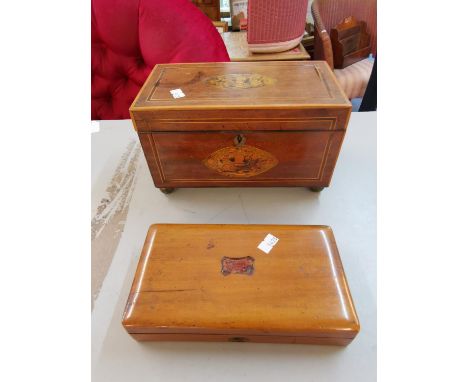 A Georgian marquetry inlaid mahogany tea caddy raised on brass ball feet together with a 19th century mahogany boxLocation: 2