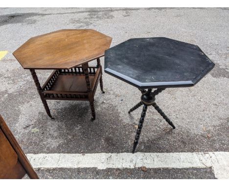 A Victorian black and gold painted gypsy table, and a 1930s oak two tier occasional table on bobbin legs 