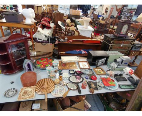 A miscellaneous collection of items to include a Mintons tile, amethyst geode, display cabinet, a safe, a projector etcLocati