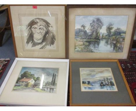 N U Cusa - a watercolour of a chimpanzee dated 1966 by the artist who was a member of the Society of Wildlife Artists, 30cm x