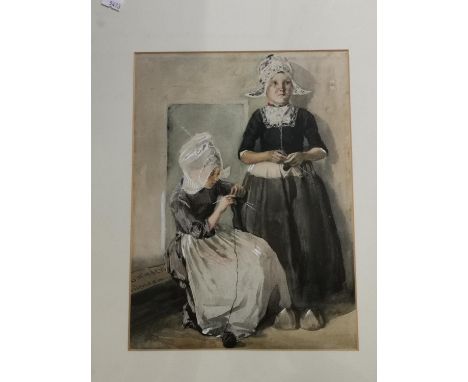 W Windels - a portrait of two young girls knitting, watercolours, signed 30cm x 22cm, framed and glazedLocation RWB 