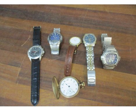A small group of wrist watches to include a Casio G-Shock watch and a gold plated cased Elgin pocket watchLocation: porter 