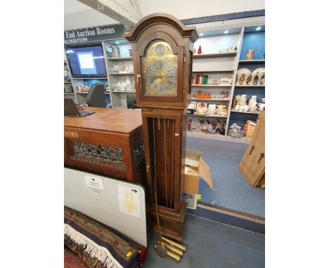 A 20th century oak longcase clock, the dial signed 'Interclock' missing glass panel on door, with three weights and pendulum,