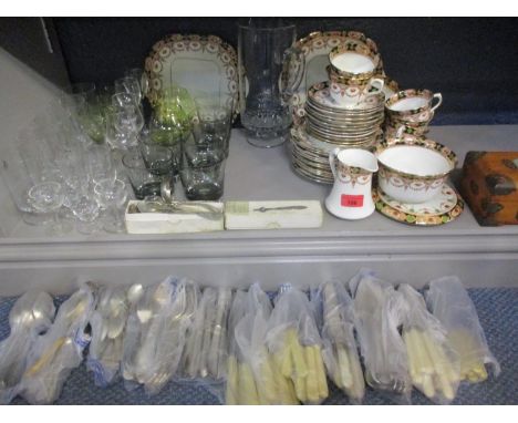 A mixed lot to include cutlery, flatware, a Chinese box with a jade coloured panel, an early 20th century tea set and 1970's 