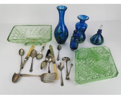 A collection of hand blown blue Maltese glass vases and perfume bottle, together with a mid century pressed glass dressing ta