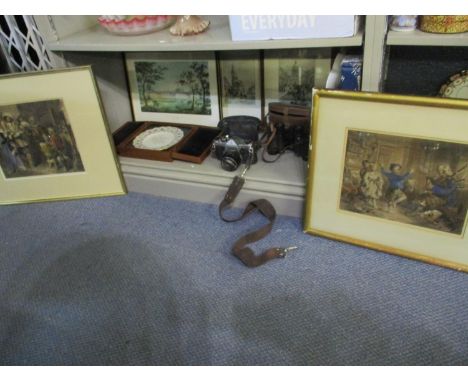 Collectables to include 19th century tinted prints, a commemorative plate in a case, a Pentax Sportmatic 35mm camera, binocul