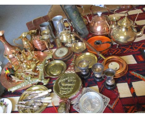 A quantity of 20th century brass and copperware together with an enamelled candle holder, an Allways fire extinguisher, a bel