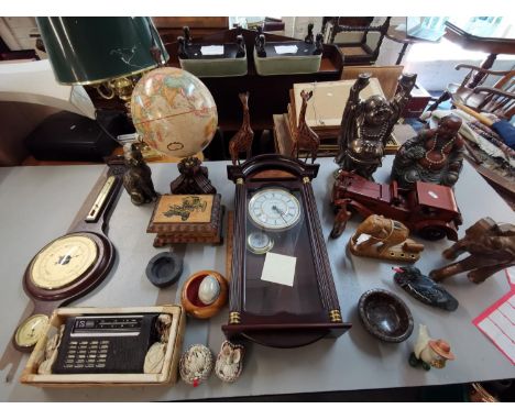 Mixed lot to include a Replogle globe, a clock, a barometer, wooden car, two composite models of Buddha and other itemsLocati