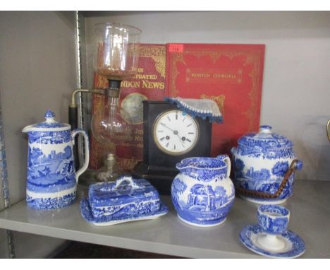 An early 20th century black slate effect treen mantel clock (dial A/F) together with a vintage Cona coffee machine A/F, a qua