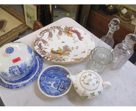 A large Spode blue and white cheese dish with cover in circular form, a Wedgwood Strawberry patterned teapot and other items 