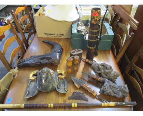 Selection of Ethnographical items to include a Philippines bamboo and carved wood arrow quiver, carved wooden snuff box, buff