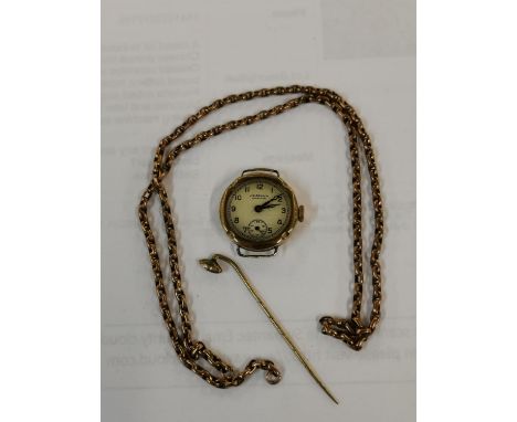 A 9ct gold chain together with a 9ct gold watch by J.W. Benson and a yellow metal stick pin (tests for 9ct), 9.2gLocation: Ca