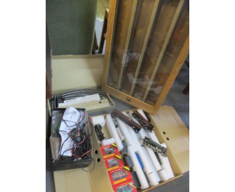 Hornby model train track, accessories, engines, carriages and a pine wall display cabinet-inventory of items in additional ph