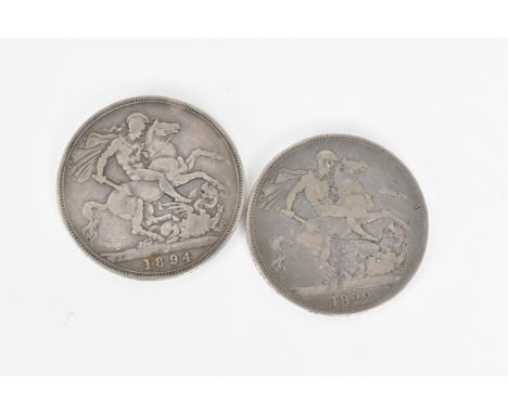 A George III silver crown dated 1822, together with an 1894 Queen Victoria silver crown, a William III (William Orange 1696) 