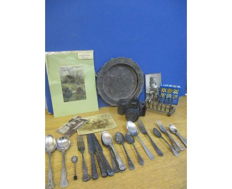 Mixed silver plate to include a toast rack, a trophy and other items to include an Arthur Rackham print and a Minolta camera 