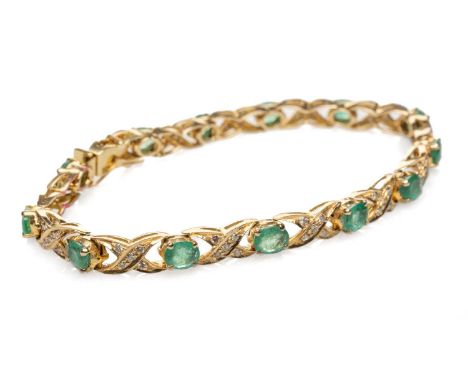 YELLOW METAL EMERALD & DIAMOND CHIP BRACELET, criss cross design, unmarked, 18cms long, 12.9gmsProvenance: private collection