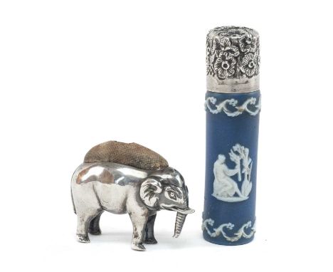 ELEPHANT PIN CUSHION & SCENT BOTTLE, Edward VII pin cushion by Adie & Lovekin Ltd., Birmingham 1907, 4cms (w); the cylindrica