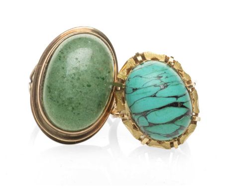 YELLOW METAL CABOCHON TURQUOISE RING, together with a yellow metal cabochon green stone ring, 12.7gms gross (2)Provenance: de