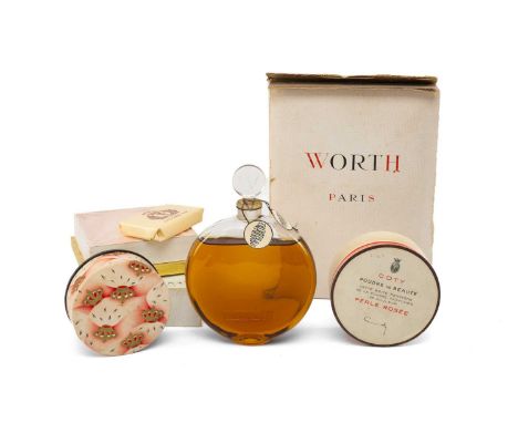 VINTAGE TOILETRIES comprising boxed Worth Imprudence perfume in R. Lalique glass bottle, Volnay of Paris powder box, R. M. S.
