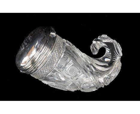 UNUSUAL CUT GLASS & WHITE METAL MOUNTED SNUFF MULL, the cut glass body formed as a typical curly horn snuff mull with facette