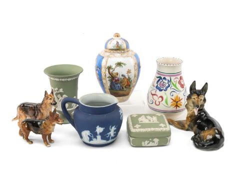 ASSORTED COLLECTABLE CERAMICS, including Meissen-style jar & cover, Poole vase, 3 sage and blue jasper items, Royal Doulton A