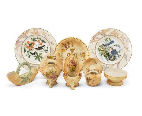 ASSORTED ROYAL WORCESTER 'BLUSH IVORY', including shape 263 vase and cover, shape 245 tripod vase, sape G161 robin painted va
