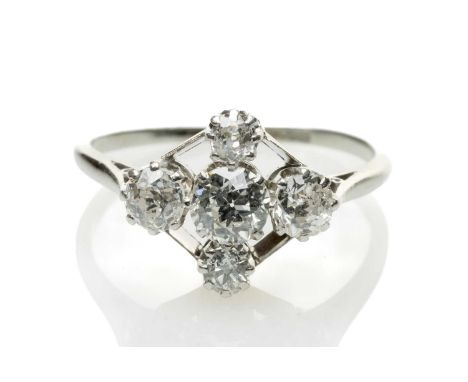 18CT WHITE GOLD & PLATINUM FIVE-STONE DIAMOND RING, old cut graduated stones, 0.7cts overall approx., ring size N, 2.6gmsProv