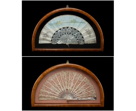 TWO 19TH C. MOTHER-OF-PEARL FANS, probably French, one with vellum leaf painted with a landcape, the other with lace, both in