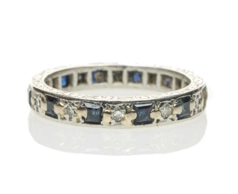 WHITE METAL SAPPHIRE & DIAMOND ETERNITY RING, ring size N 1/2, 5.4gms in Alan Houghton of Fishguard ring boxProvenance: decea