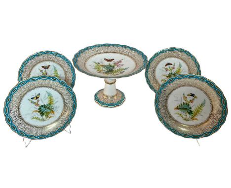 STAFFORDSHIRE BONE CHINA PART DESSERT SERVICE, each piece painted with butterfly above flowers and ferns, within gilt vermice