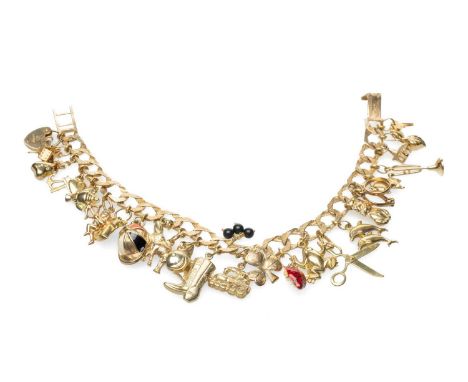 9CT GOLD FLAT CURB LINK CHARM BRACELET, with various mainly animal 9ct gold charms, heart padlock, 33.2gmsProvenance: decease