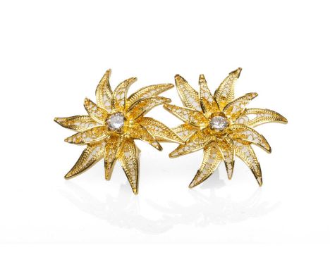18CT GOLD FILIGREE FLOWERHEAD EARRINGS, set with white gem stones, 7.3gms (2)Provenance: Torfaen County Borough Comments: goo
