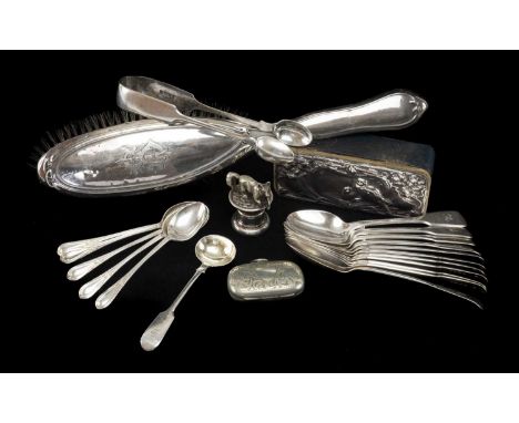 GROUP OF ASSORTED SILVER comprising silver lidded box with birds and foliage, assorted silver spoons, ladle and tongs, togeth