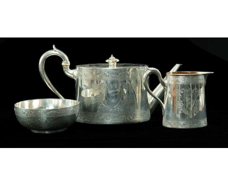 VICTORIAN CRESTED SILVER THREE-PIECE TEA SERVICE, Hunt & Roskell (late Storr & Mortimer), London 1879, oval form, teapot lid 